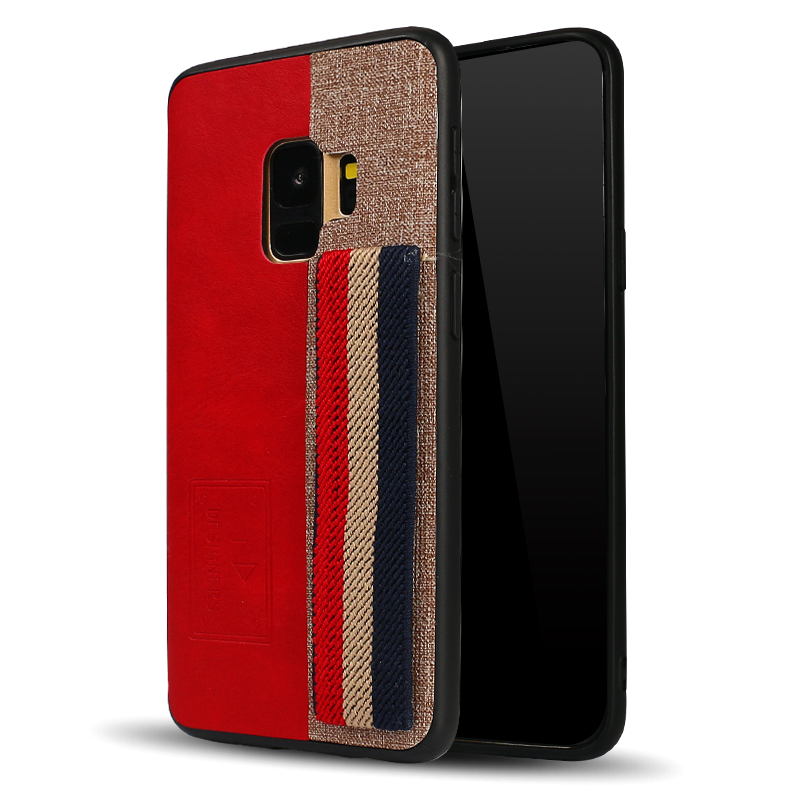 Galaxy S9 Striped Hand Strap Grip Holder PU LEATHER Case (Red)